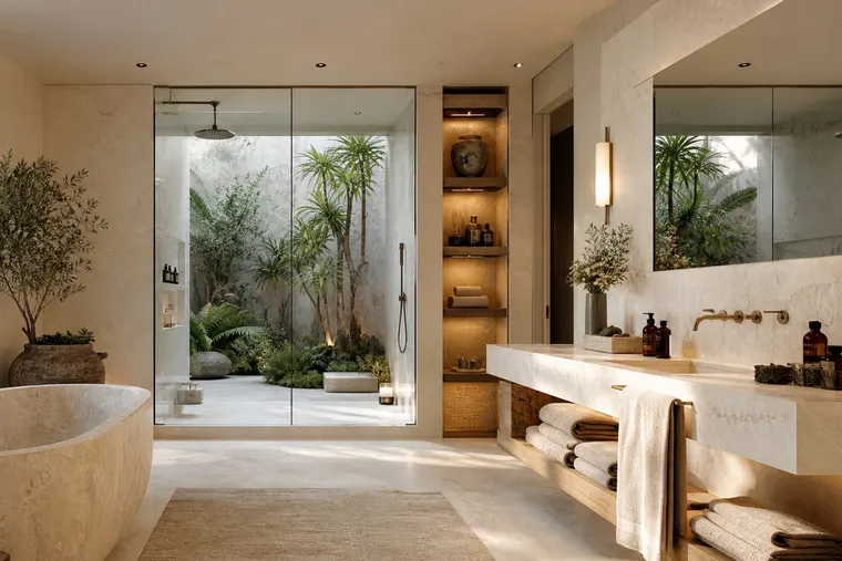 Salle de bains de pierre claire ouverte sur un jardin intérieur.