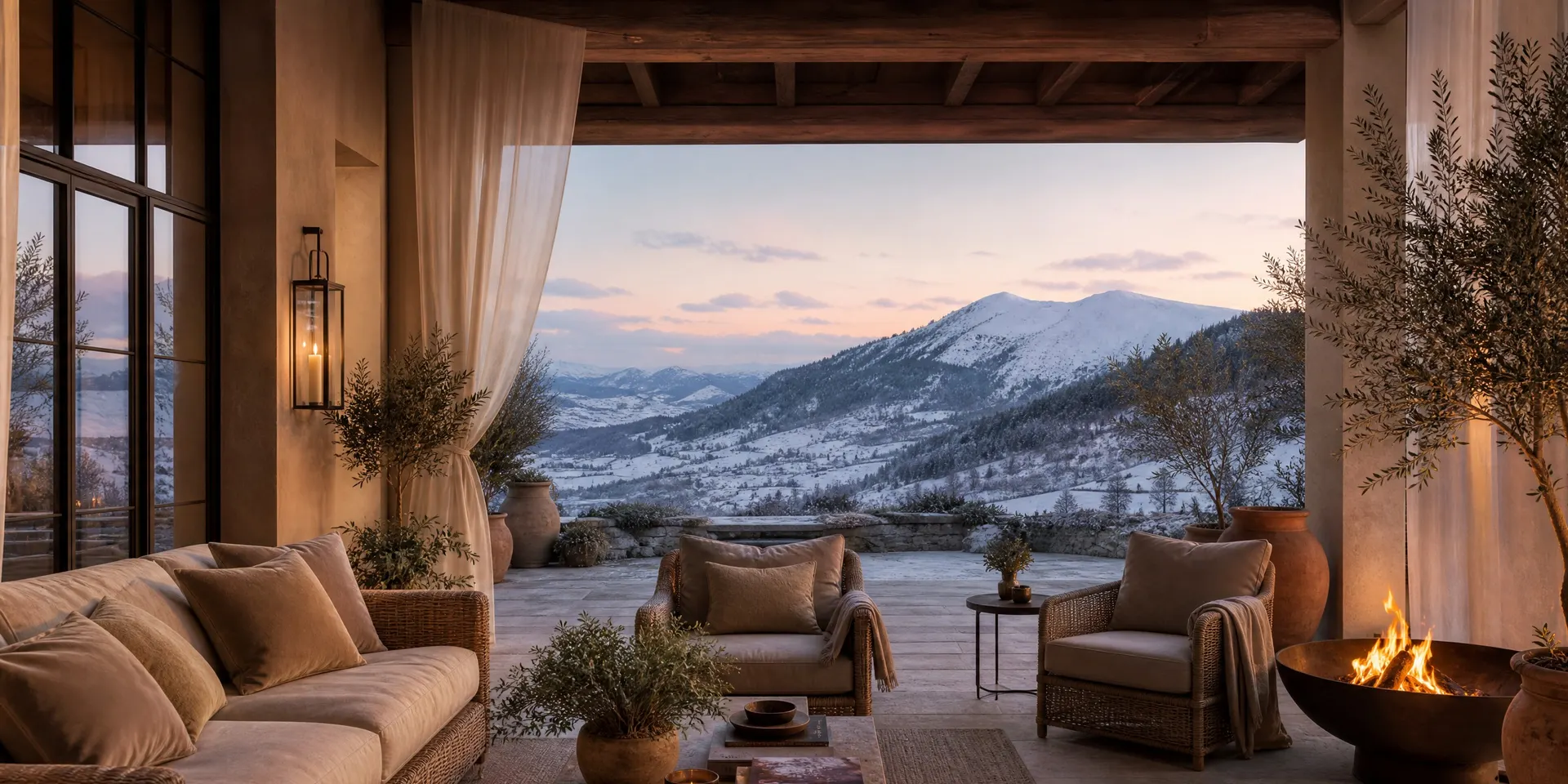Terrasse couverte ouverte sur une vallée enneigée au crépuscule.